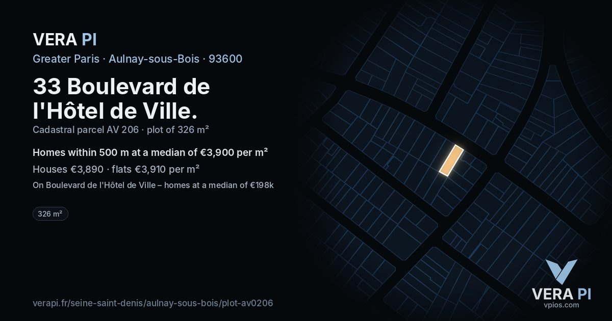33 Boulevard de l'Hôtel de Ville, Aulnay-sous-Bois at night – the plot lit, the parcels around coloured by the prices near them