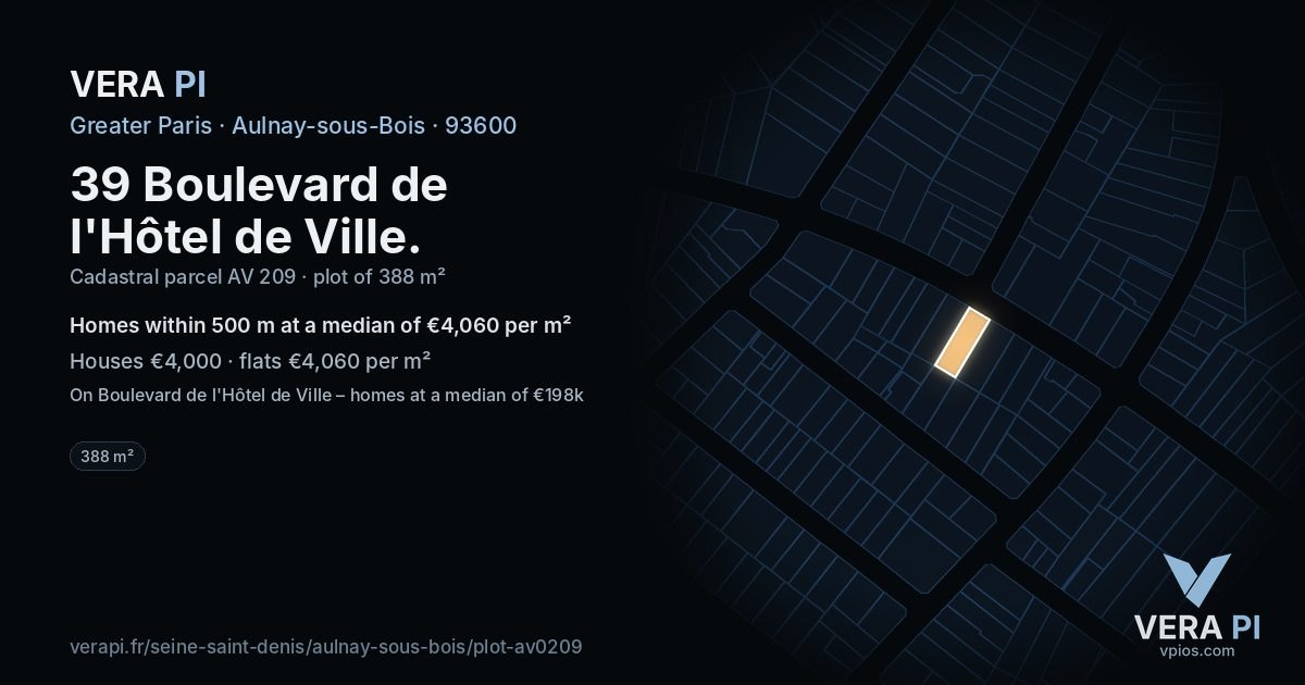 39 Boulevard de l'Hôtel de Ville, Aulnay-sous-Bois at night – the plot lit, the parcels around coloured by the prices near them