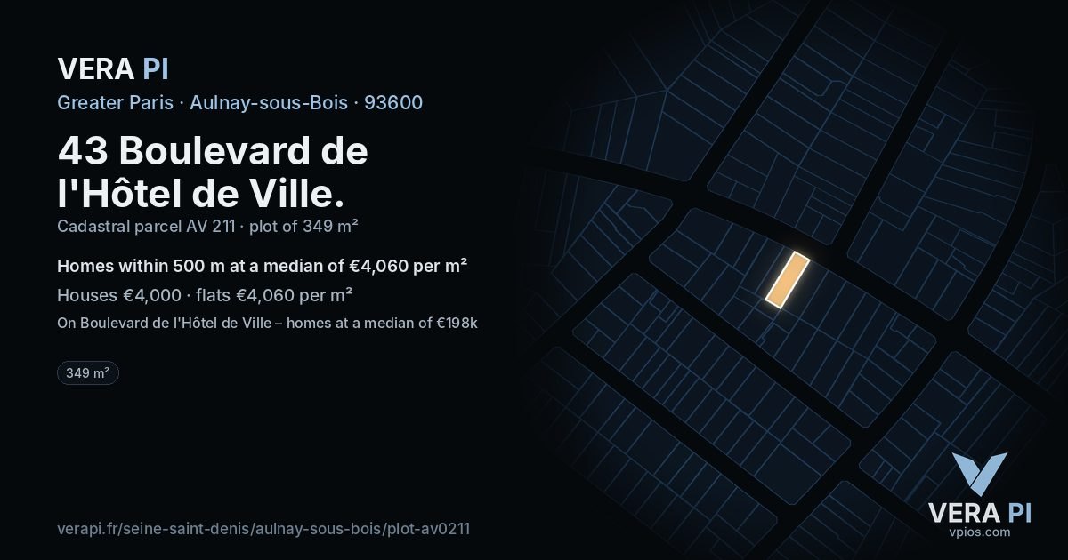 43 Boulevard de l'Hôtel de Ville, Aulnay-sous-Bois at night – the plot lit, the parcels around coloured by the prices near them