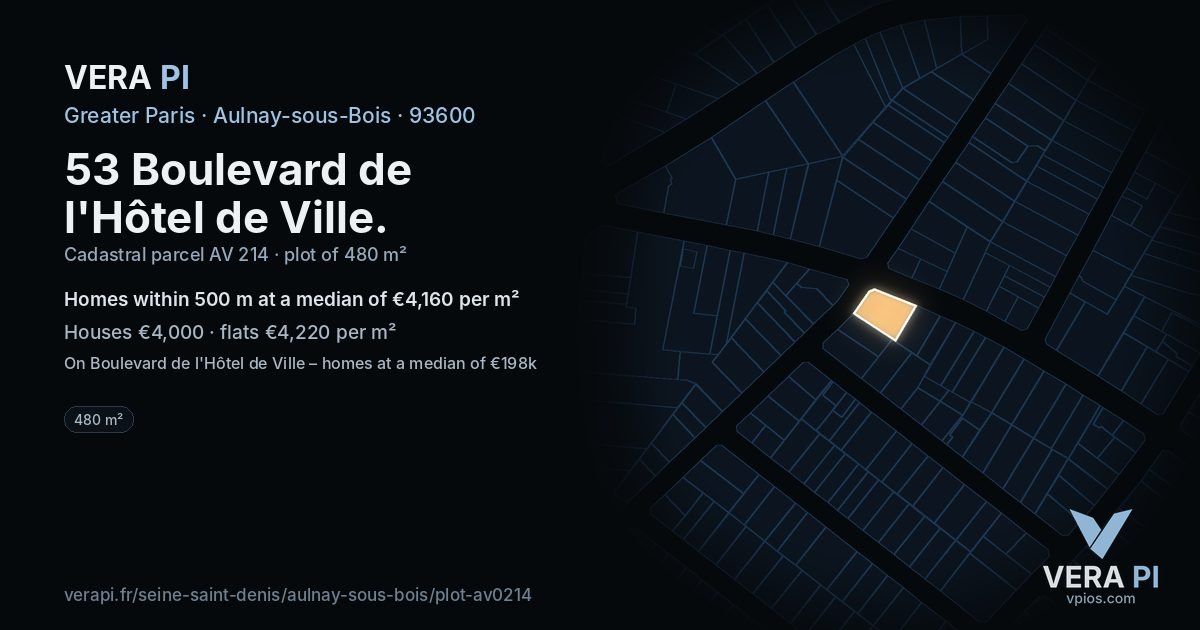53 Boulevard de l'Hôtel de Ville, Aulnay-sous-Bois at night – the plot lit, the parcels around coloured by the prices near them