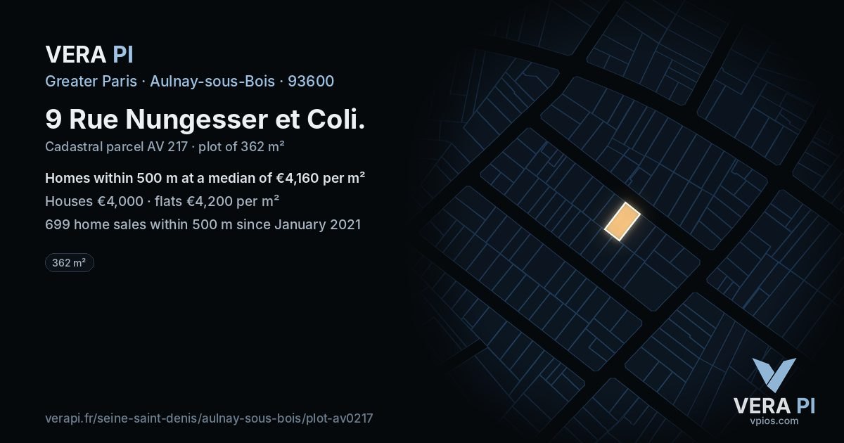 9 Rue Nungesser et Coli, Aulnay-sous-Bois at night – the plot lit, the parcels around coloured by the prices near them