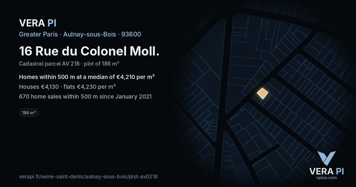 16 Rue du Colonel Moll, Aulnay-sous-Bois at night – the plot lit, the parcels around coloured by the prices near them
