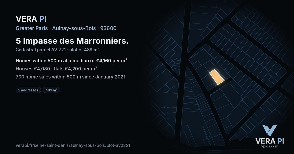 5 Impasse des Marronniers, Aulnay-sous-Bois at night – the plot lit, the parcels around coloured by the prices near them