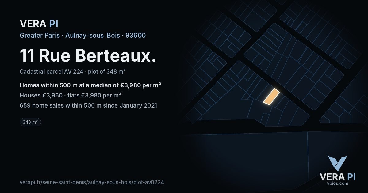 11 Rue Berteaux, Aulnay-sous-Bois at night – the plot lit, the parcels around coloured by the prices near them