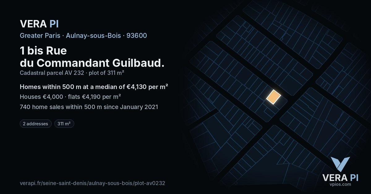1 bis Rue du Commandant Guilbaud, Aulnay-sous-Bois at night – the plot lit, the parcels around coloured by the prices near them