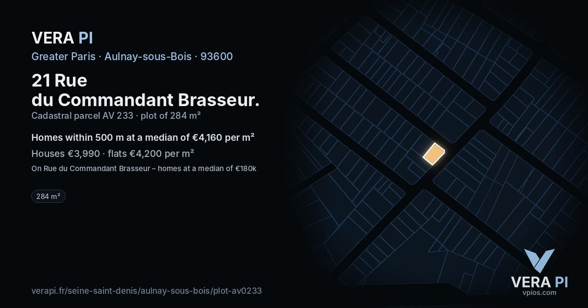21 Rue du Commandant Brasseur, Aulnay-sous-Bois at night – the plot lit, the parcels around coloured by the prices near them