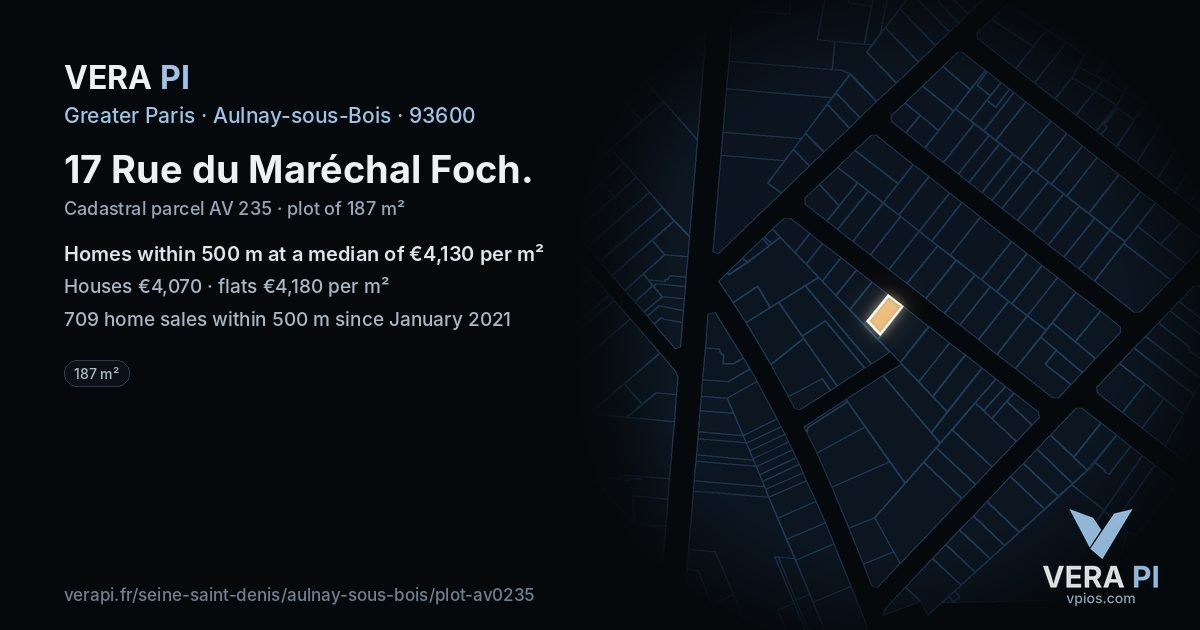17 Rue du Maréchal Foch, Aulnay-sous-Bois at night – the plot lit, the parcels around coloured by the prices near them