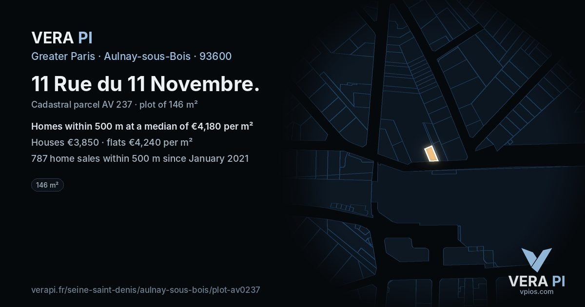11 Rue du 11 Novembre, Aulnay-sous-Bois at night – the plot lit, the parcels around coloured by the prices near them