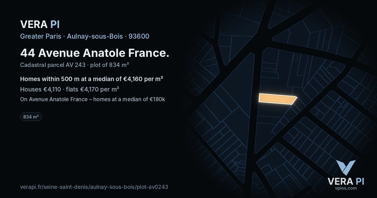 44 Avenue Anatole France, Aulnay-sous-Bois at night – the plot lit, the parcels around coloured by the prices near them