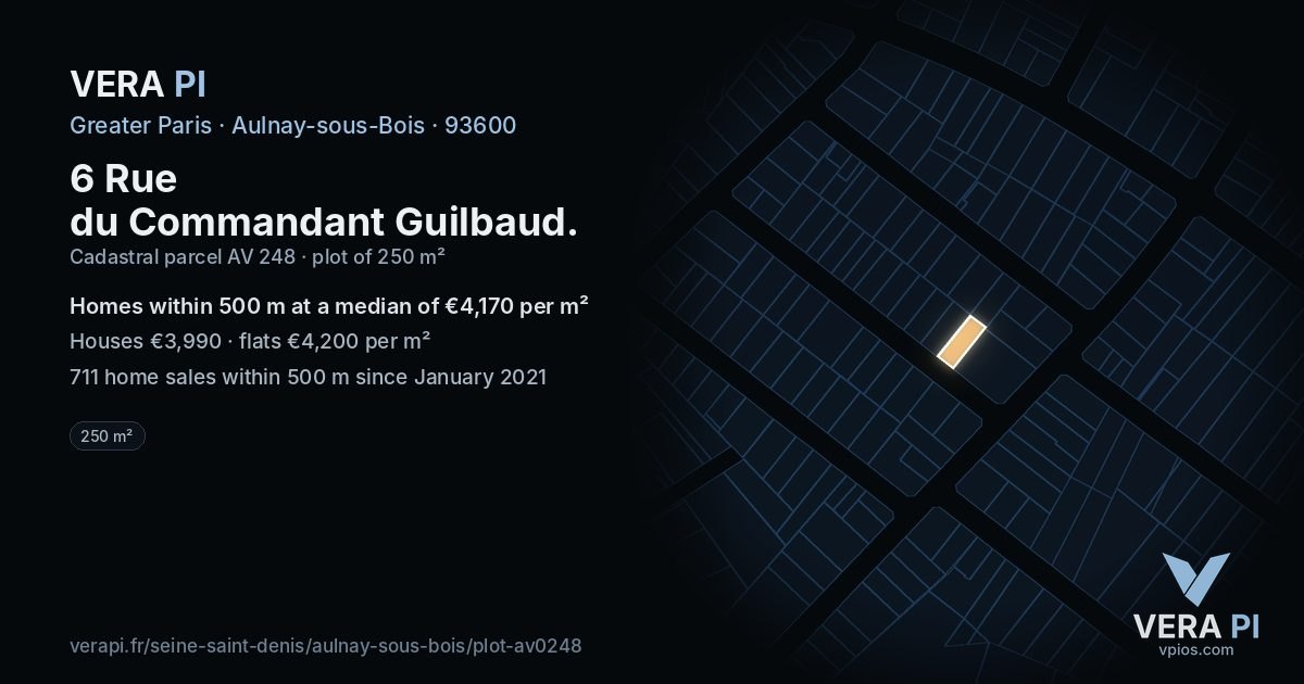 6 Rue du Commandant Guilbaud, Aulnay-sous-Bois at night – the plot lit, the parcels around coloured by the prices near them
