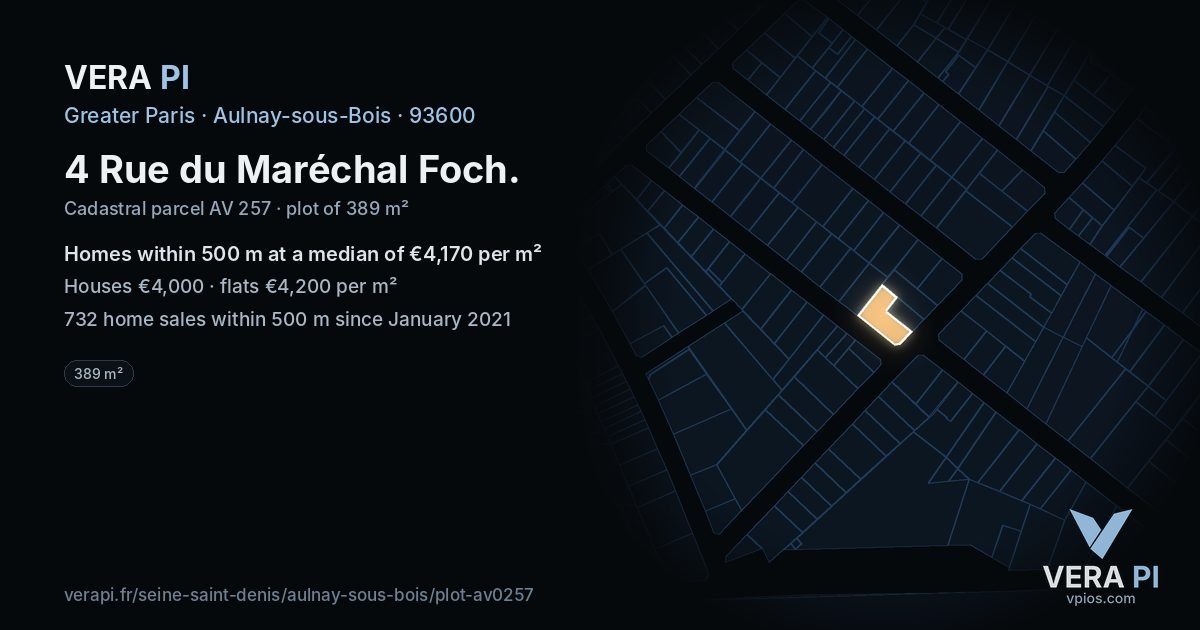 4 Rue du Maréchal Foch, Aulnay-sous-Bois at night – the plot lit, the parcels around coloured by the prices near them