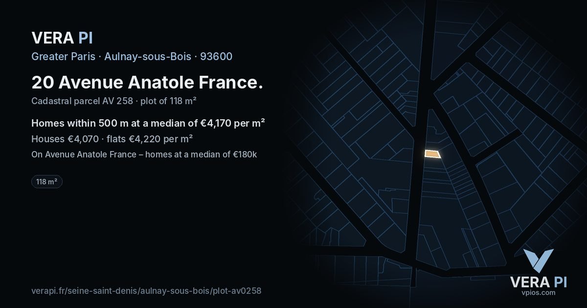 20 Avenue Anatole France, Aulnay-sous-Bois at night – the plot lit, the parcels around coloured by the prices near them