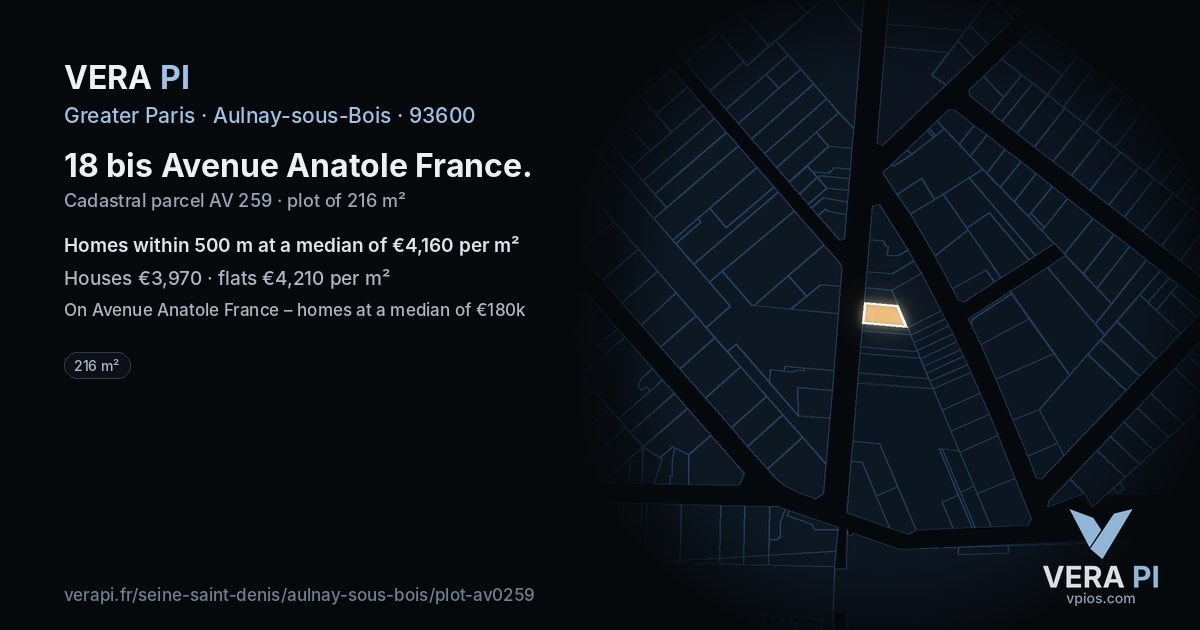 18 bis Avenue Anatole France, Aulnay-sous-Bois at night – the plot lit, the parcels around coloured by the prices near them