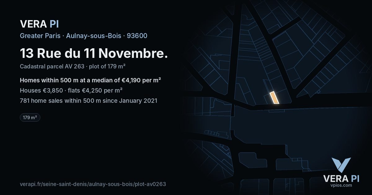 13 Rue du 11 Novembre, Aulnay-sous-Bois at night – the plot lit, the parcels around coloured by the prices near them