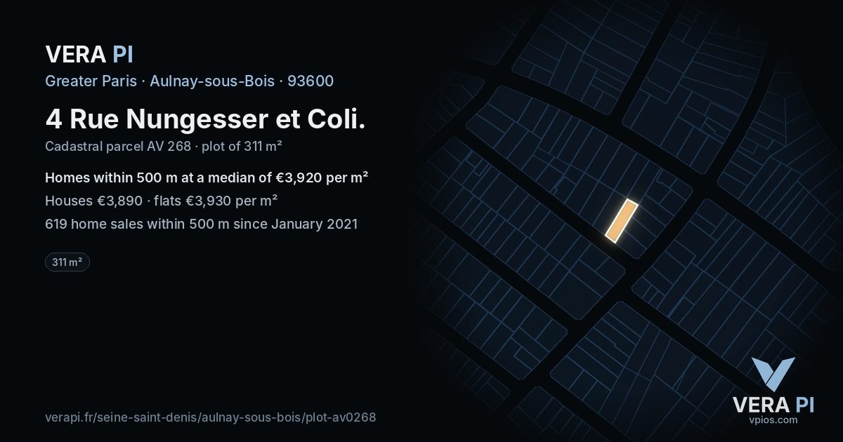 4 Rue Nungesser et Coli, Aulnay-sous-Bois at night – the plot lit, the parcels around coloured by the prices near them