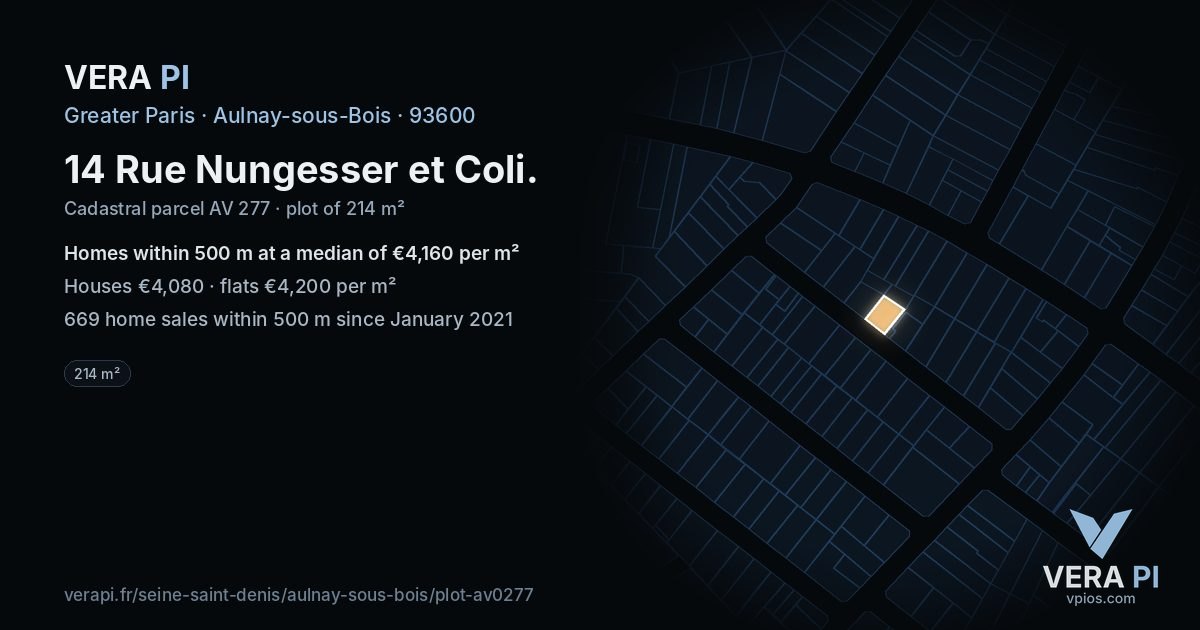 14 Rue Nungesser et Coli, Aulnay-sous-Bois at night – the plot lit, the parcels around coloured by the prices near them