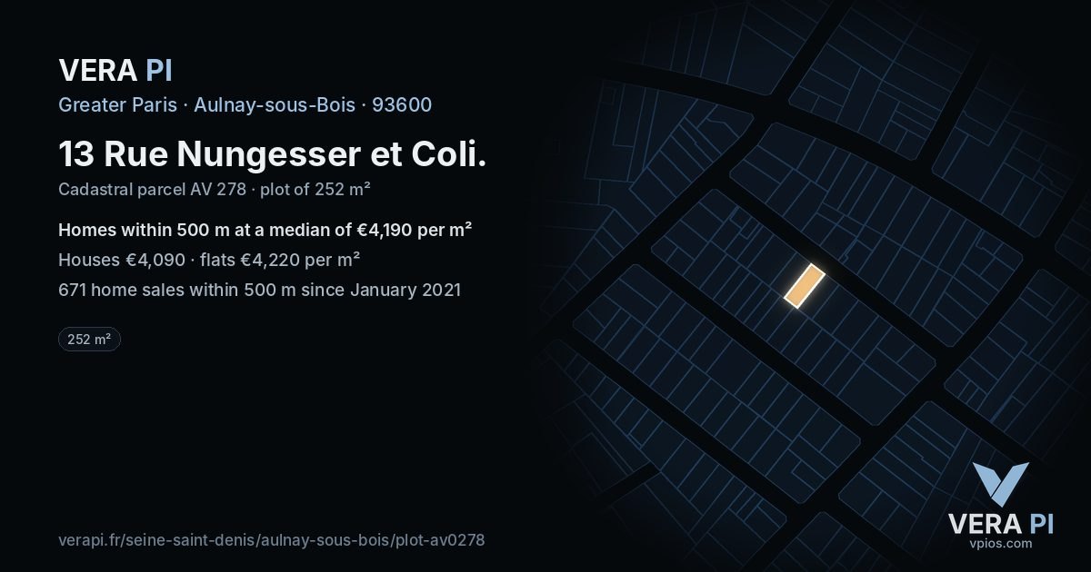 13 Rue Nungesser et Coli, Aulnay-sous-Bois at night – the plot lit, the parcels around coloured by the prices near them