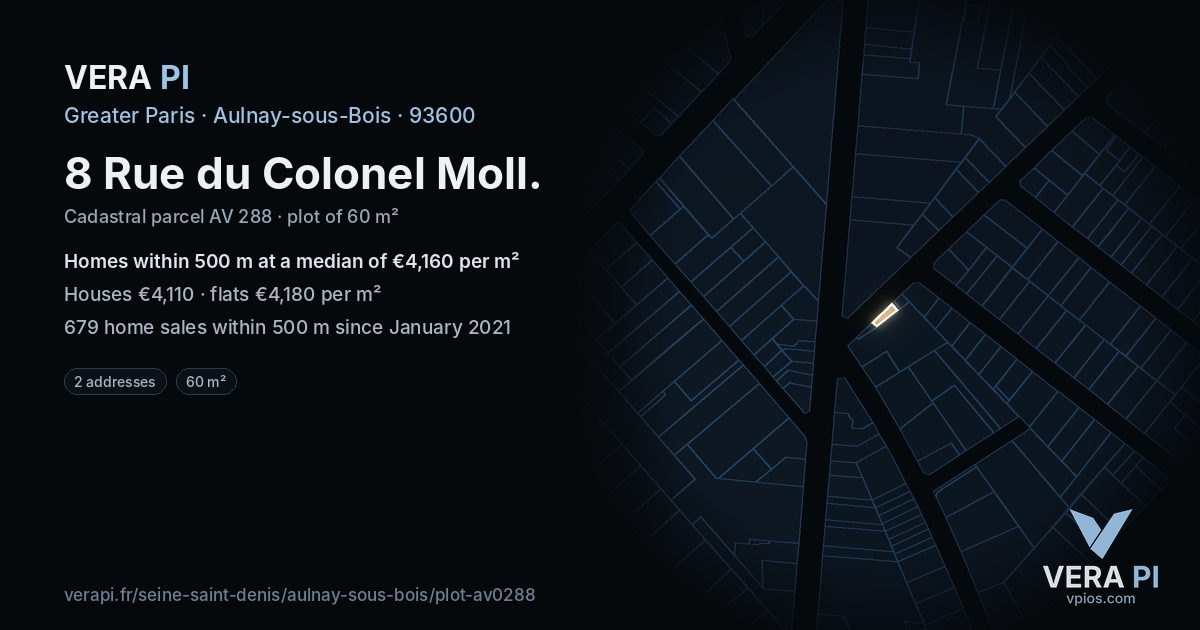 8 Rue du Colonel Moll, Aulnay-sous-Bois at night – the plot lit, the parcels around coloured by the prices near them