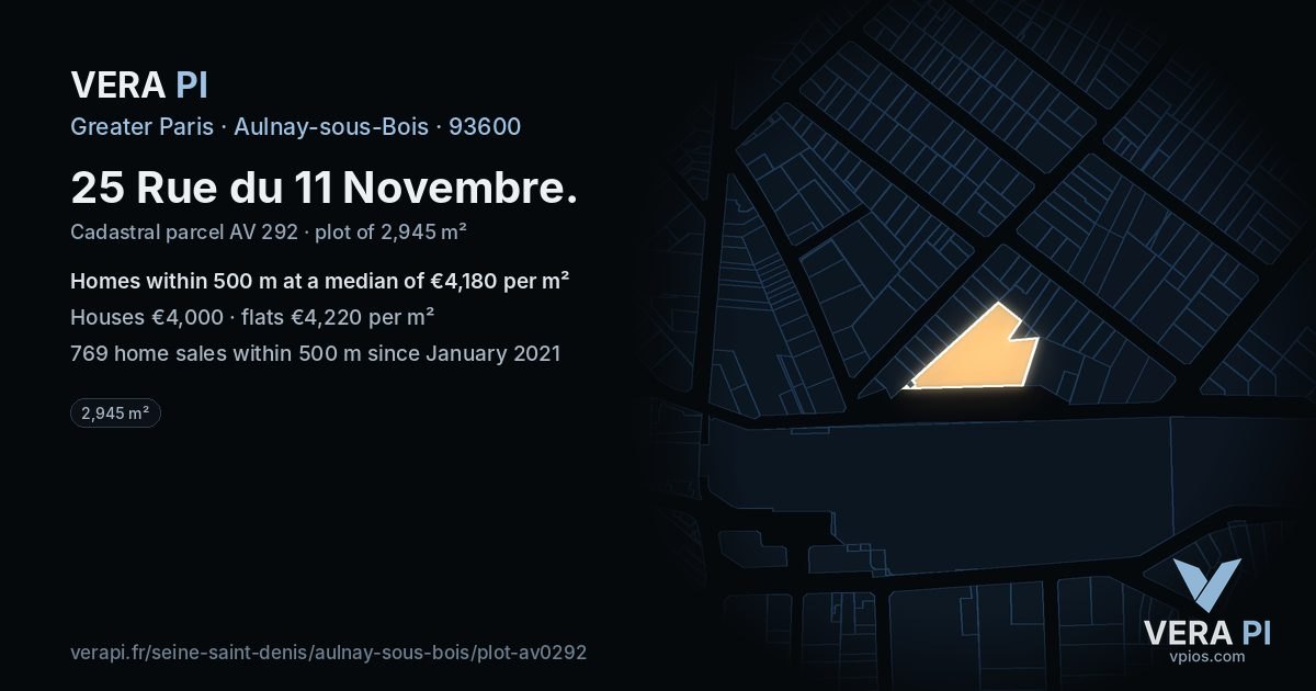 25 Rue du 11 Novembre, Aulnay-sous-Bois at night – the plot lit, the parcels around coloured by the prices near them