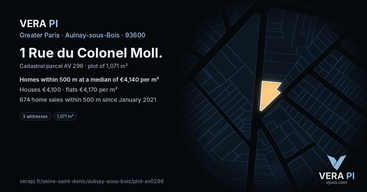 1 Rue du Colonel Moll, Aulnay-sous-Bois at night – the plot lit, the parcels around coloured by the prices near them