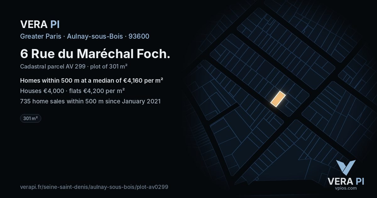 6 Rue du Maréchal Foch, Aulnay-sous-Bois at night – the plot lit, the parcels around coloured by the prices near them