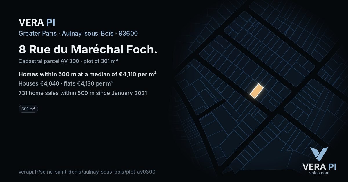 8 Rue du Maréchal Foch, Aulnay-sous-Bois at night – the plot lit, the parcels around coloured by the prices near them