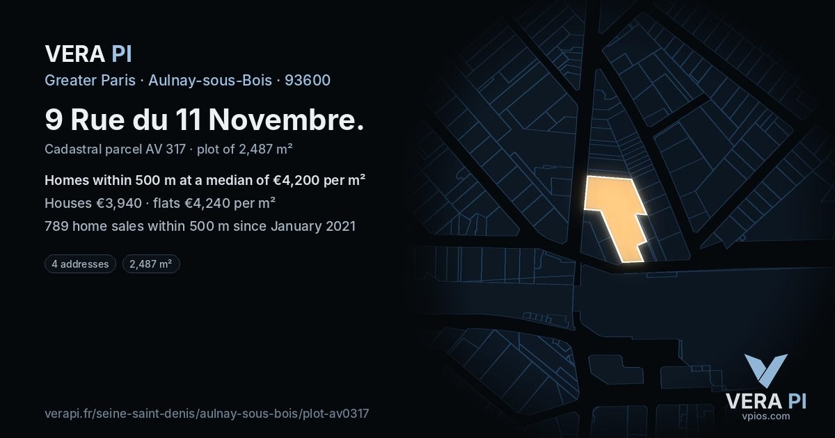 9 Rue du 11 Novembre, Aulnay-sous-Bois at night – the plot lit, the parcels around coloured by the prices near them