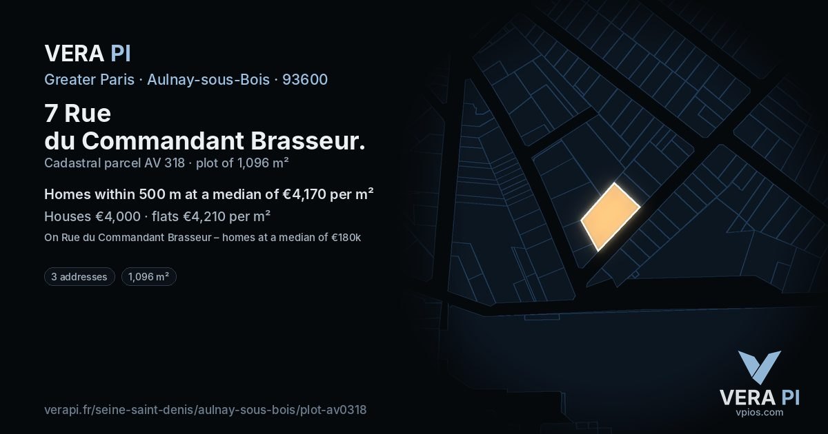 7 Rue du Commandant Brasseur, Aulnay-sous-Bois at night – the plot lit, the parcels around coloured by the prices near them