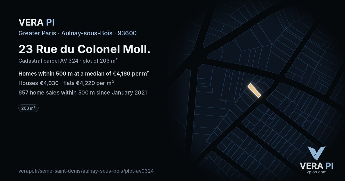 23 Rue du Colonel Moll, Aulnay-sous-Bois at night – the plot lit, the parcels around coloured by the prices near them