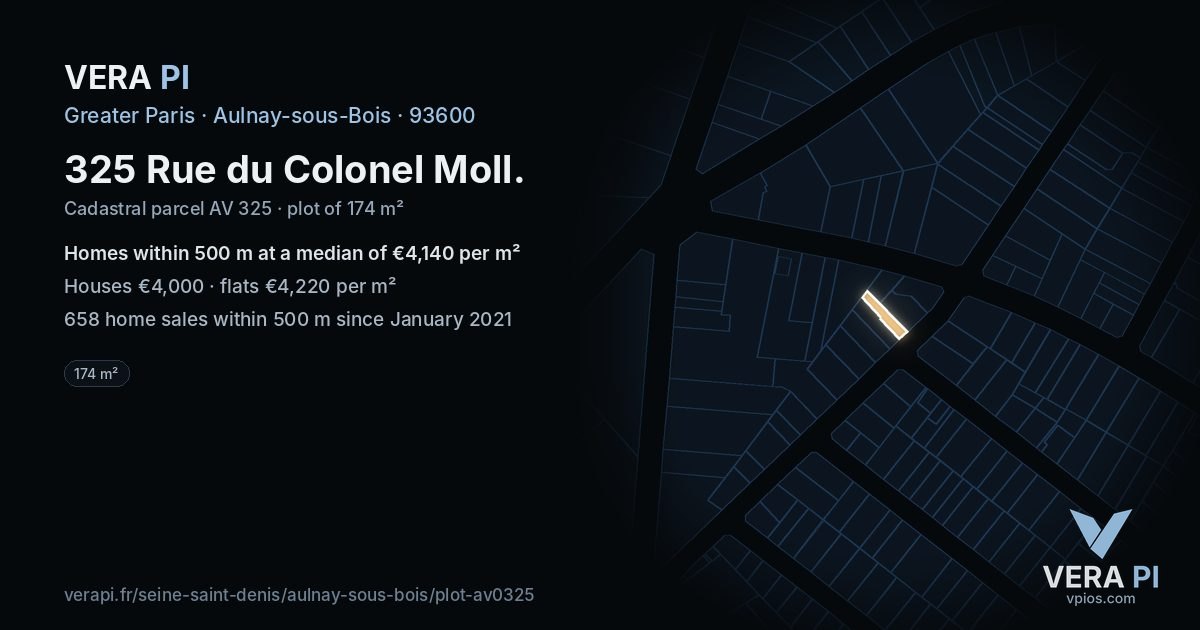 325 Rue du Colonel Moll, Aulnay-sous-Bois at night – the plot lit, the parcels around coloured by the prices near them