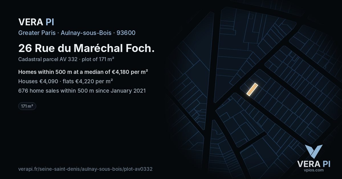 26 Rue du Maréchal Foch, Aulnay-sous-Bois at night – the plot lit, the parcels around coloured by the prices near them