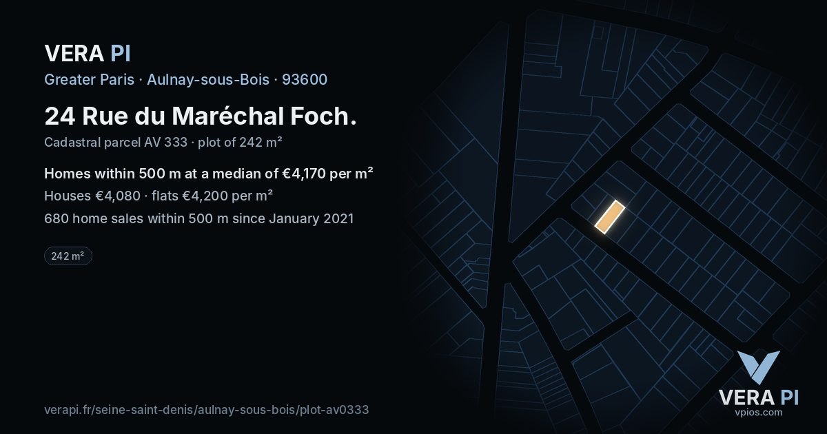 24 Rue du Maréchal Foch, Aulnay-sous-Bois at night – the plot lit, the parcels around coloured by the prices near them