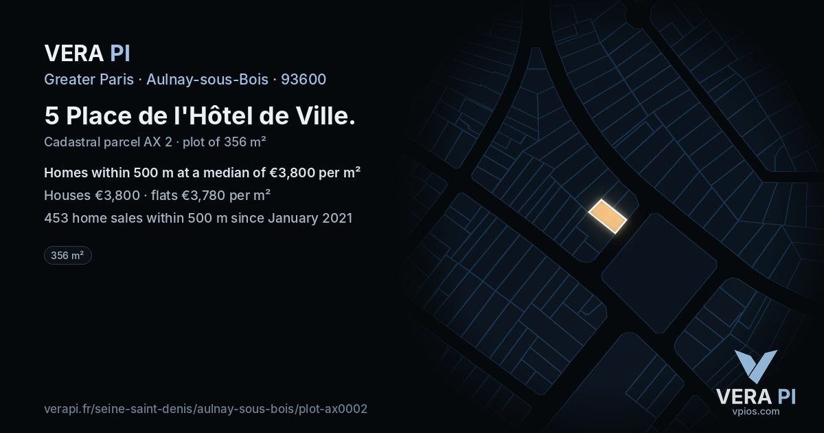 5 Place de l'Hôtel de Ville, Aulnay-sous-Bois at night – the plot lit, the parcels around coloured by the prices near them
