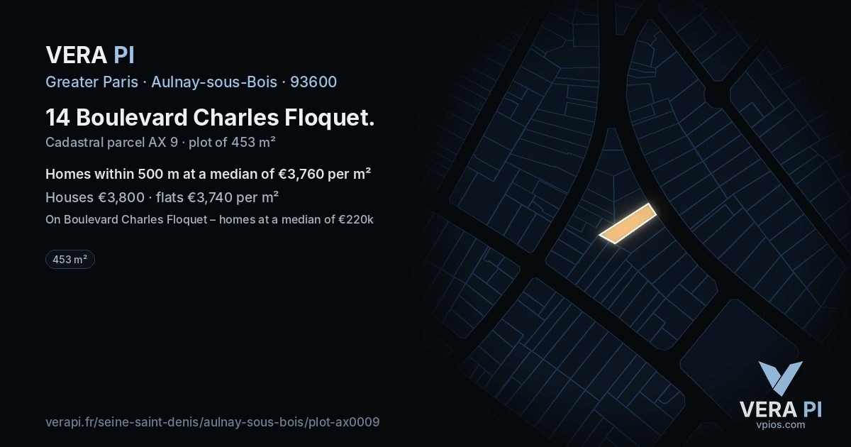 14 Boulevard Charles Floquet, Aulnay-sous-Bois at night – the plot lit, the parcels around coloured by the prices near them