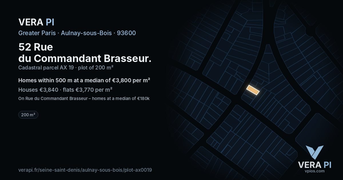 52 Rue du Commandant Brasseur, Aulnay-sous-Bois at night – the plot lit, the parcels around coloured by the prices near them