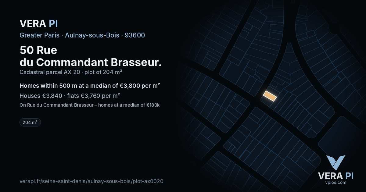 50 Rue du Commandant Brasseur, Aulnay-sous-Bois at night – the plot lit, the parcels around coloured by the prices near them