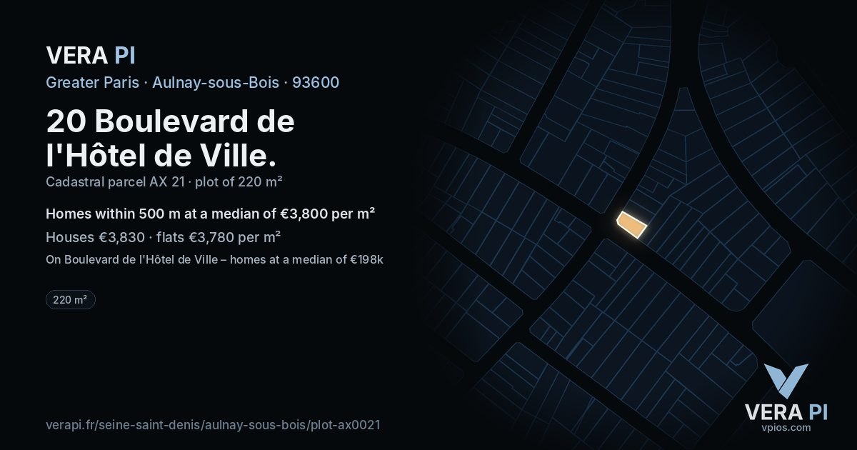 20 Boulevard de l'Hôtel de Ville, Aulnay-sous-Bois at night – the plot lit, the parcels around coloured by the prices near them