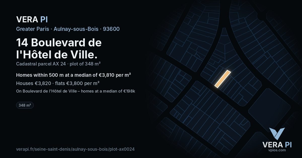 14 Boulevard de l'Hôtel de Ville, Aulnay-sous-Bois at night – the plot lit, the parcels around coloured by the prices near them
