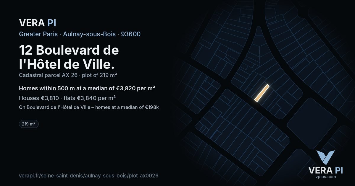 12 Boulevard de l'Hôtel de Ville, Aulnay-sous-Bois at night – the plot lit, the parcels around coloured by the prices near them