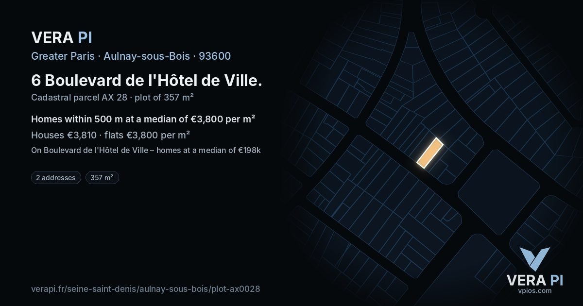 6 Boulevard de l'Hôtel de Ville, Aulnay-sous-Bois at night – the plot lit, the parcels around coloured by the prices near them