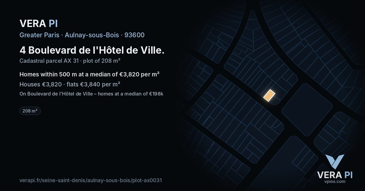 4 Boulevard de l'Hôtel de Ville, Aulnay-sous-Bois at night – the plot lit, the parcels around coloured by the prices near them