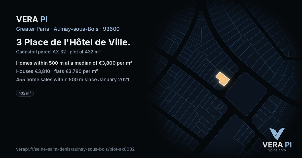3 Place de l'Hôtel de Ville, Aulnay-sous-Bois at night – the plot lit, the parcels around coloured by the prices near them