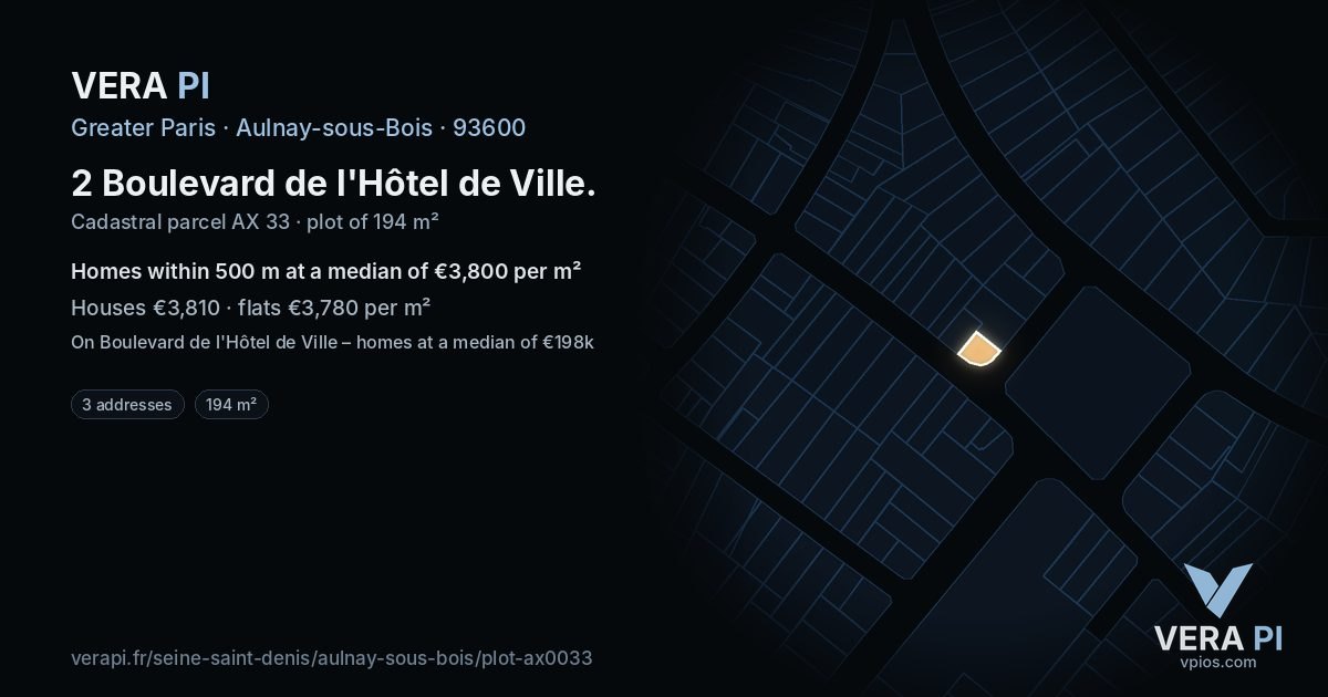 2 Boulevard de l'Hôtel de Ville, Aulnay-sous-Bois at night – the plot lit, the parcels around coloured by the prices near them