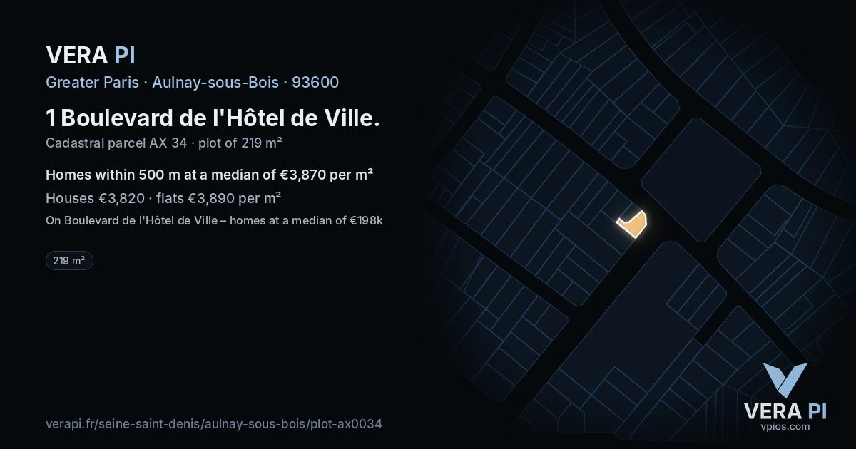 1 Boulevard de l'Hôtel de Ville, Aulnay-sous-Bois at night – the plot lit, the parcels around coloured by the prices near them