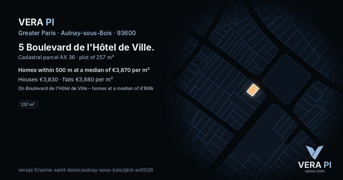 5 Boulevard de l'Hôtel de Ville, Aulnay-sous-Bois at night – the plot lit, the parcels around coloured by the prices near them