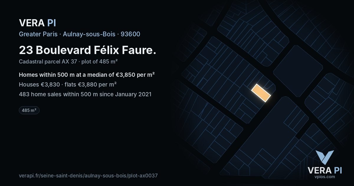 23 Boulevard Félix Faure, Aulnay-sous-Bois at night – the plot lit, the parcels around coloured by the prices near them