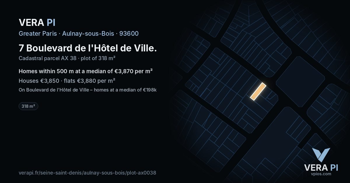 7 Boulevard de l'Hôtel de Ville, Aulnay-sous-Bois at night – the plot lit, the parcels around coloured by the prices near them