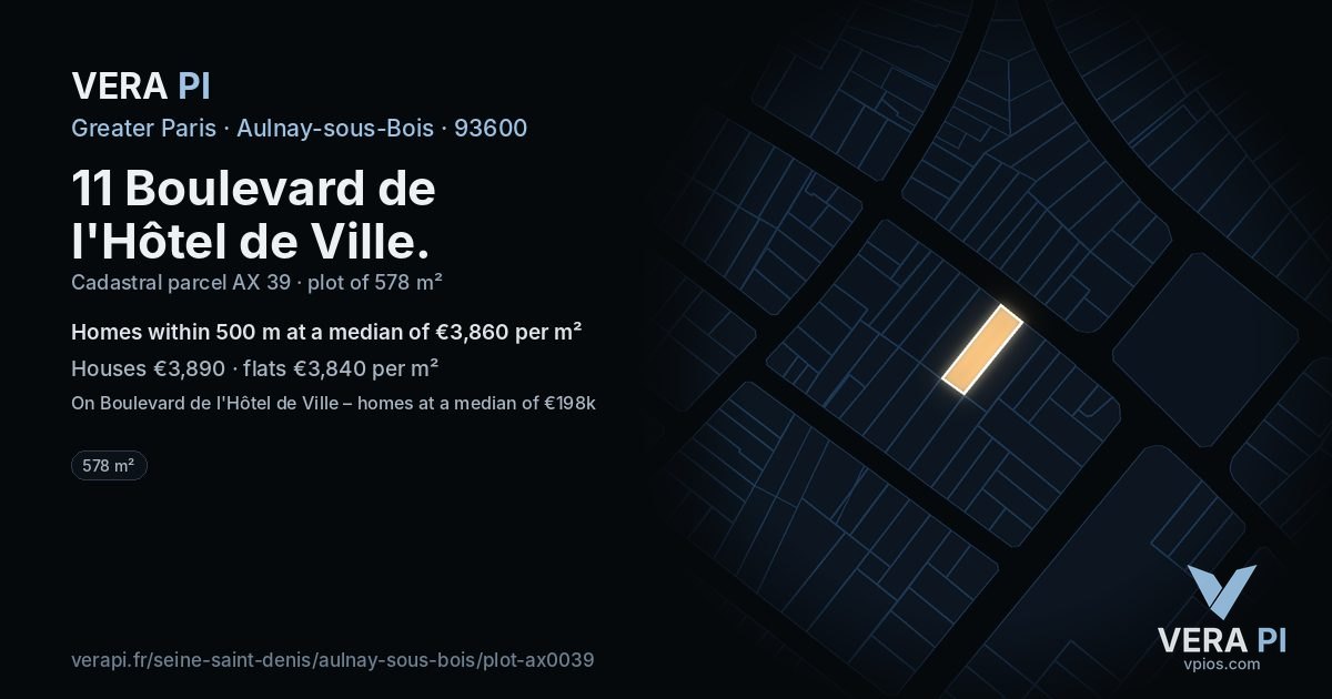 11 Boulevard de l'Hôtel de Ville, Aulnay-sous-Bois at night – the plot lit, the parcels around coloured by the prices near them