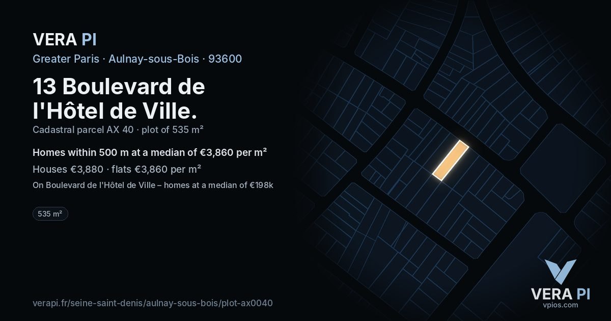 13 Boulevard de l'Hôtel de Ville, Aulnay-sous-Bois at night – the plot lit, the parcels around coloured by the prices near them