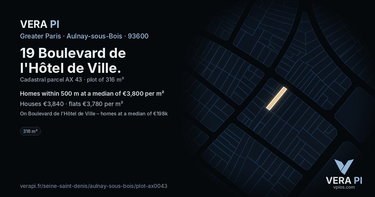 19 Boulevard de l'Hôtel de Ville, Aulnay-sous-Bois at night – the plot lit, the parcels around coloured by the prices near them